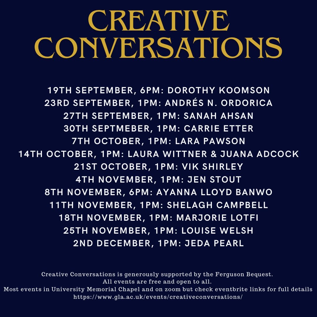 #CreativeConversations are free, and  everyone is welcome - you don't have to be a member of the <a href="/UofGlasgow/">University of Glasgow</a> to join our audience 😀