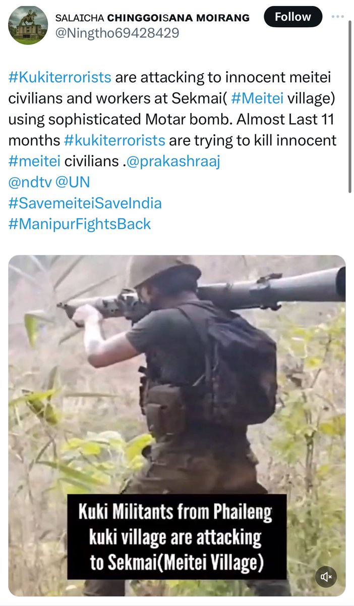 SamKhs_'s tweet photo. #Manipur Meitei Lies Exposed!
Claim:
Kuki terrorists from Phailen mortared
Meitei civilians and workers at Sekmai with sophisticated weapons.
Fact:
The video used in the claim is from Myanmar and not related to the fresh attacks by Kukis in Sekmai
@Ningtho69428429 
@FactCrescendo https://t.co/L5O7nXqMOM