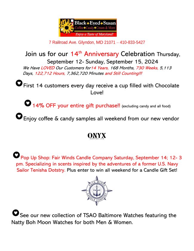 BES_Glyndon's tweet image. 14th Anniversary Celebration. First 14 customers FREE Chocolate! 14% OFF your entire gift purchase. Enjoy a cup #onyxcoffeelab. Pop Up Shop: #fairwindscandle Saturday, 12- 3 pm. TSAO Baltimore Watches featuring the Natty Boh Moon Watches. Enter at #thewinepost for a gift basket.
