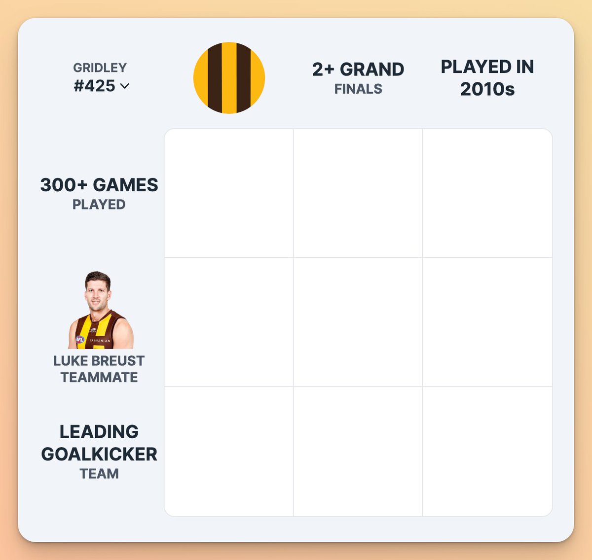 Gridley #425: Luke Breust 🟤

Game 300 for the now super-sub Breust... can his Hawks keep things rolling with another finals win??

▶️ Play at gridleygame.com