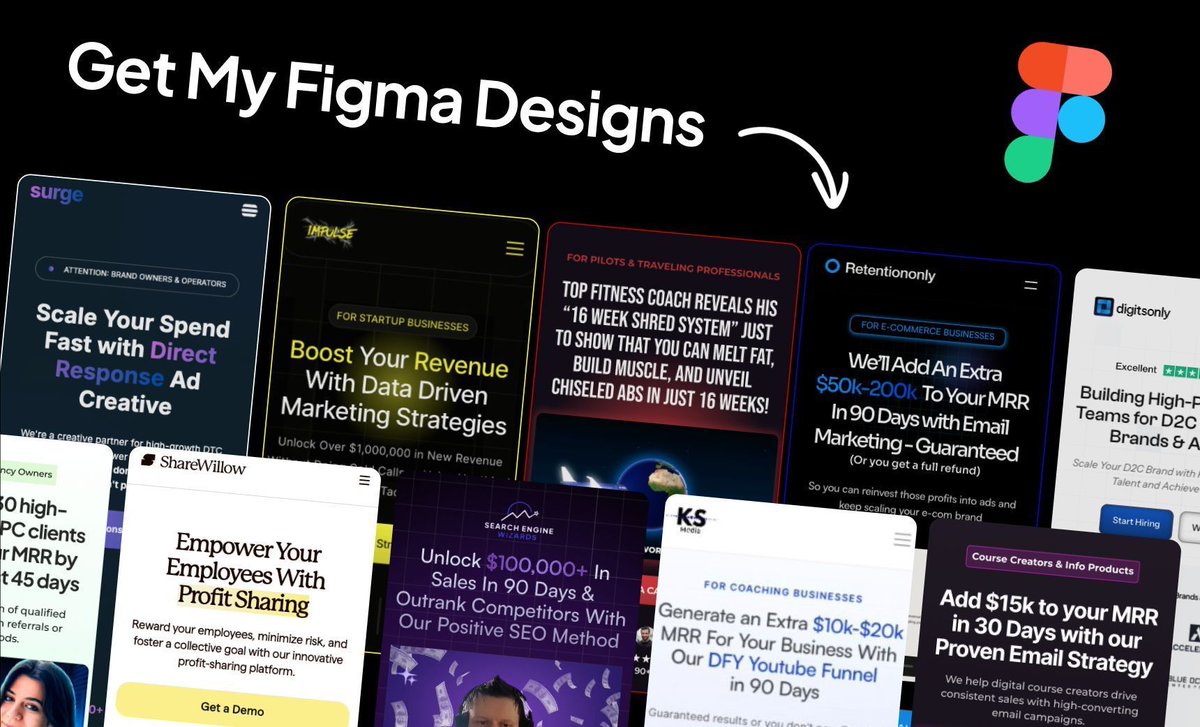 I've put together a Figma file with ALL my Landing Page Designs + SECRET notes!

It's FREE for the next 24 hours only.

After that, it will cost $$$.

To get it:

1) Follow me (so I can DM you)
2) Like this tweet
3) Retweet this tweet
4) Comment 'YES'

And I'll send it to you for