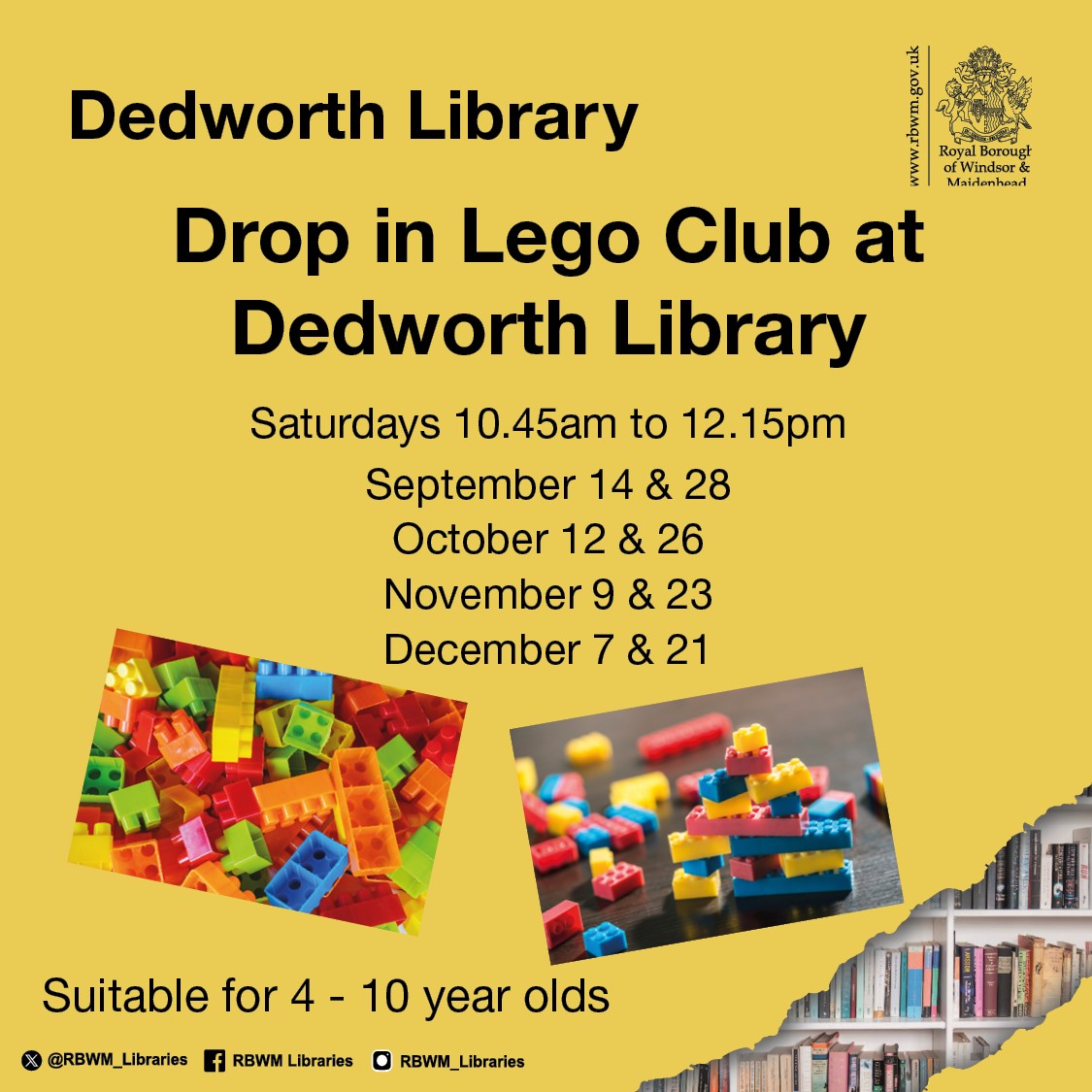 Let's get creative with Lego.
Join us at Dedworth Library for drop in Lego sessions.
Saturdays 10:45 am - 12:15 pm
September 14 and 28
October 12 and 26
November 9 and 23
December 7 and 21

Suitable for 4 - 10 year olds.