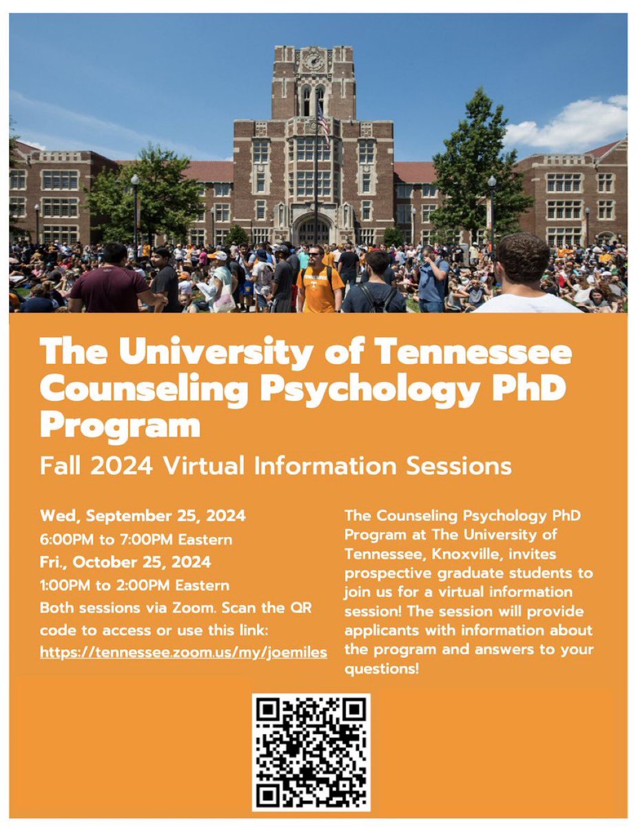 Cynthia M. Navarro Flores, PhD (she/her/hers/ella) (@cmnavarroflores) on Twitter photo Please share with interested students applying to grad school for Fall 2025 admission. The counseling psychology PhD program at <a href="/UTKnoxville/">UT Knoxville</a> will be holding two virtual information sessions this fall. Looking forward to meeting prospective students at the virtual session! ☺️ Please share with interested students applying to grad school for Fall 2025 admission. The counseling psychology PhD program at <a href="/UTKnoxville/">UT Knoxville</a> will be holding two virtual information sessions this fall. Looking forward to meeting prospective students at the virtual session! ☺️