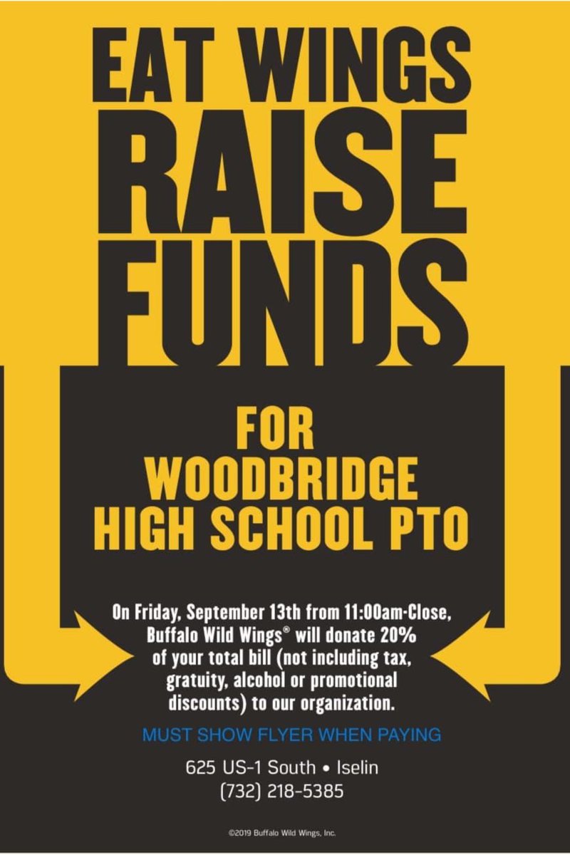 Come out and support the Woodbridge High School PTO this Friday at Buffalo Wild Wings! Just show this flyer and 20% of your bill will be donated to the PTO. 
❤️🖤❤️🖤