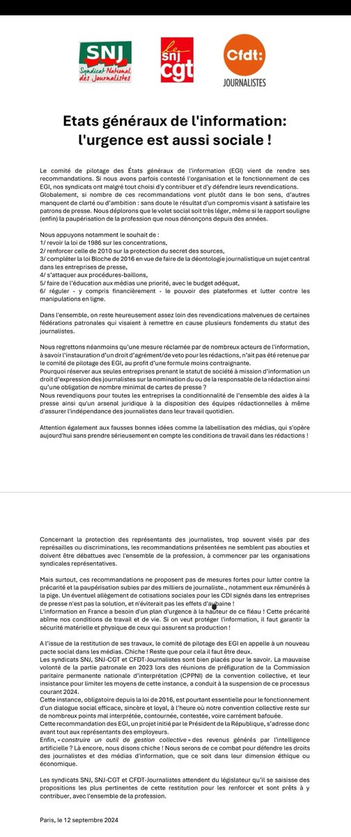 SNJ_national's tweet photo. Après la restitution des @EGinformation ce matin, l'intersyndicale appuie plusieurs recommandations, s'inquiète de plusieurs fausses bonnes idées et réclame un plan social d'urgence CONTRE LA PRÉCARITÉ dans les rédactions 

📻✏️🗞🖥 🌏 
COMMUNIQUÉ INTERSYNDICAL ⬇️ https://t.co/AgreKspiaG