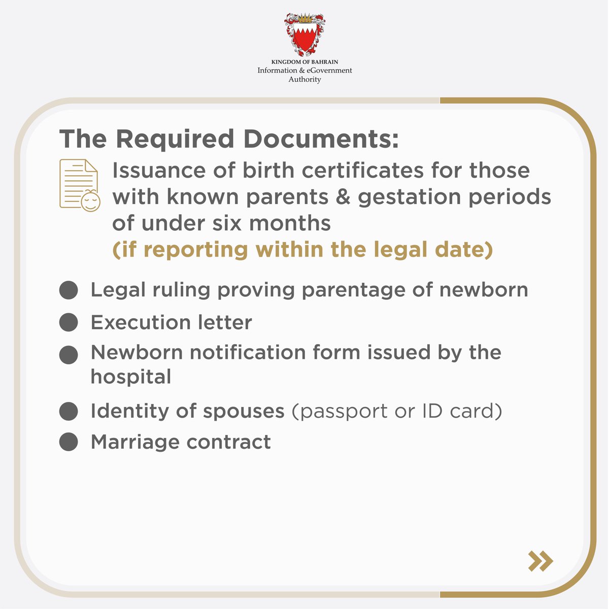 iGABahrain's tweet photo. Get to know the required documents to issue a birth certificate based on the different birth situations.👇
#certificate #births #birthsanddeathsregistration #bahrain #teambahrain #nationalportal #procedures #requireddocuments https://t.co/SEnkpxpK3T