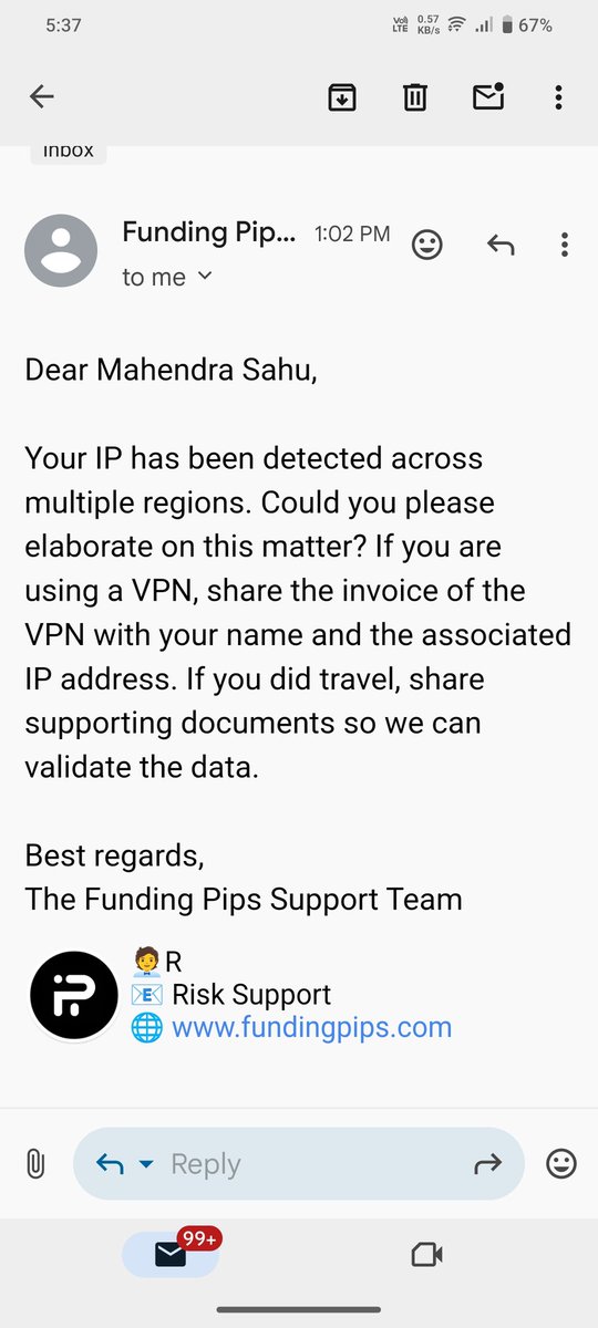 Mickyfxtrade's tweet photo. Hello, Yesterday I requested a payout with @fundingpips and today I got a mail that,Your IP has been detected across multiple regions. I have never travelled outside my state and not used any VPN as well .  not here to spread negativity I just need a solution. @PropFirmMatch https://t.co/o8b77cEREd