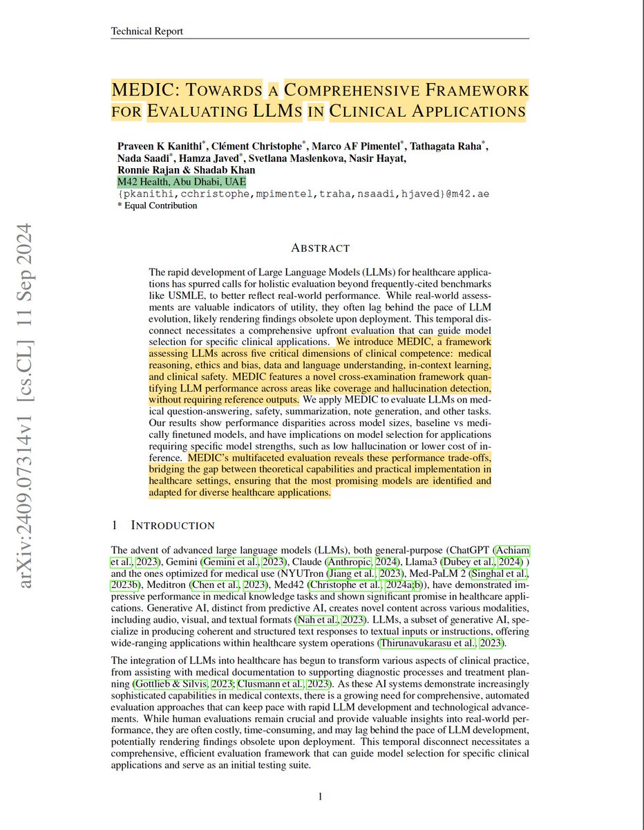 OpenlifesciAI's tweet photo. 🚨 Medical AI Research alert! 🚨

Can we evaluate LLM's medical capabilities across multiple modalities and specialties?

@M42Health  Presents: MEDIC: Towards a Comprehensive Framework for Evaluating LLMs in Clinical Applications

Authors (Praveen K Kanithi, @CleChristophe, ... @skhanshadab87)

Here's why it's exciting: 1/8 👇🧵

#Radiology #KnowledgeGraphs #MedicalAI #NLP #AI #Bioinformatics #GenAI #MachineLearning #HealthTech #Medical #LLM #GPT #Healthcare #pubmed #arxiv #vision #nlp #research #pathology #ClinicalTrials #stanford #robotics #roboticsurgery