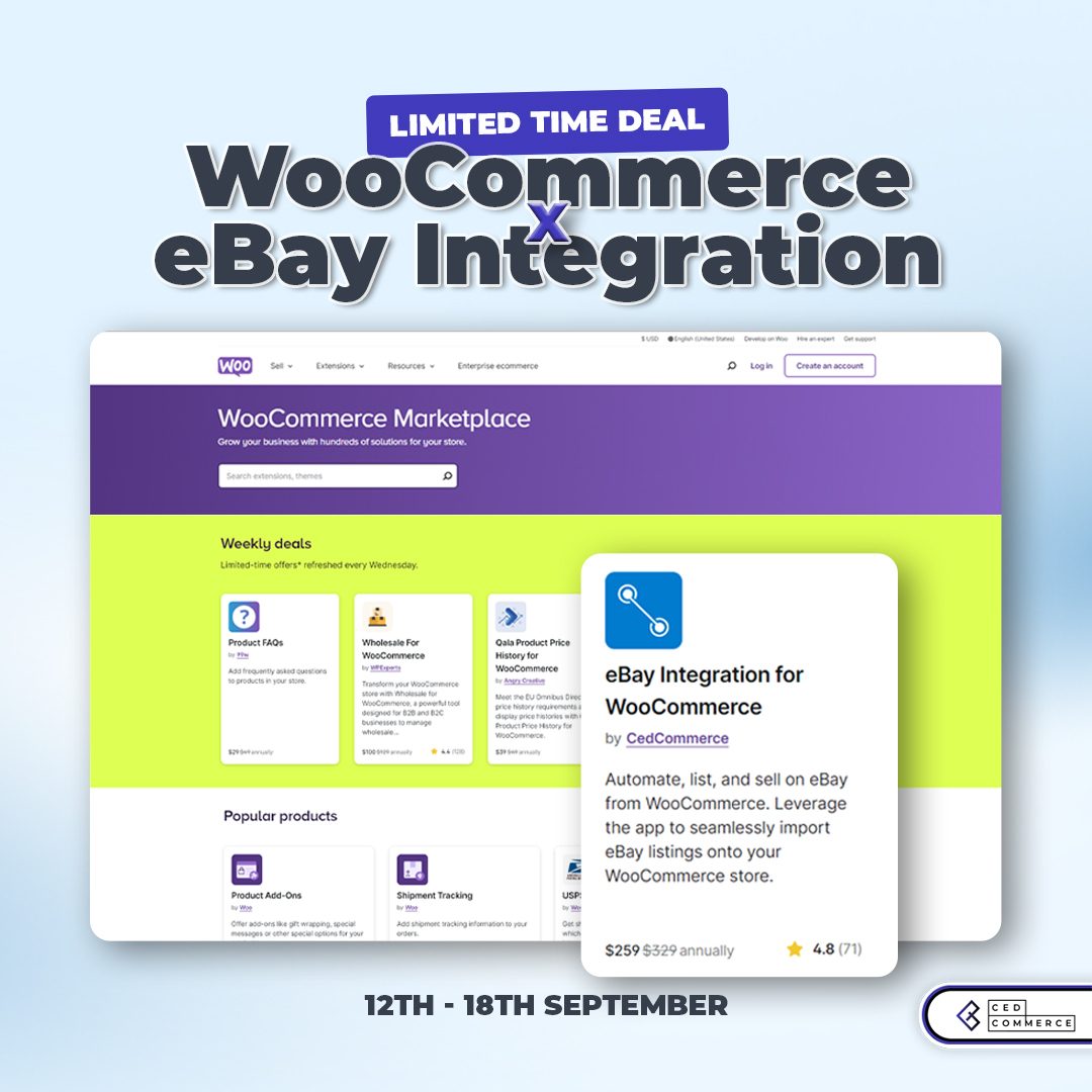 cedcommerce's tweet image. 𝑾𝒉𝒂𝒕’𝒔 𝑵𝒆𝒘 𝒐𝒏 𝒕𝒉𝒆 @Woo 𝑫𝒆𝒂𝒍 𝒐𝒇 𝒕𝒉𝒆 𝑾𝒆𝒆𝒌? Our #eBayIntegration is 𝐝𝐫𝐨𝐩𝐩𝐢𝐧𝐠 jaws (and 𝐩𝐫𝐢𝐜𝐞𝐬) from 12th-18th September! @eBay

Click bit.ly/3ZgGaG5 and let’s get selling! 
#ebayseller #weeklydeal #woocommerce #marketplace #ecommerce