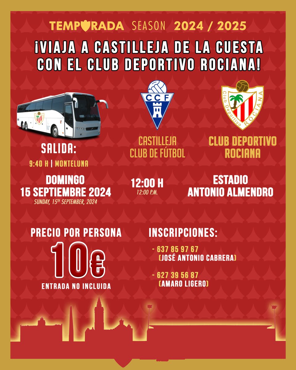 🚌⚽️💪

¡Acompáñanos a Castilleja de la Cuesta!

Este domingo, en el debut de nuestra temporada, disponemos de plazas libres en el bus del equipo para todo aquel que quiera asistir al encuentro.

💺 Precio por persona: 10 euros (entrada no incluida)

#CDRociana
#CDRociana20242025