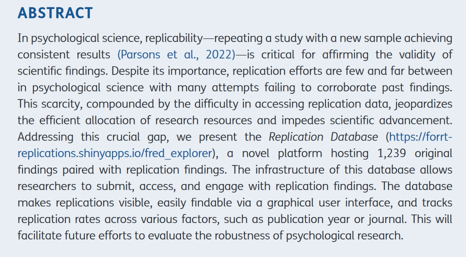 fresejoris's tweet photo. The article describing the FORRT Replication Database has just been published in the Journal of Open Psychology Data (led by @aufdroeseler and helped by almost 100 others @FORRTproject). This is an amazing resource (and not just for psychology)! 🧵 (1/7)
https://t.co/ol4Bj8jA8r https://t.co/bk3lwsBWyB