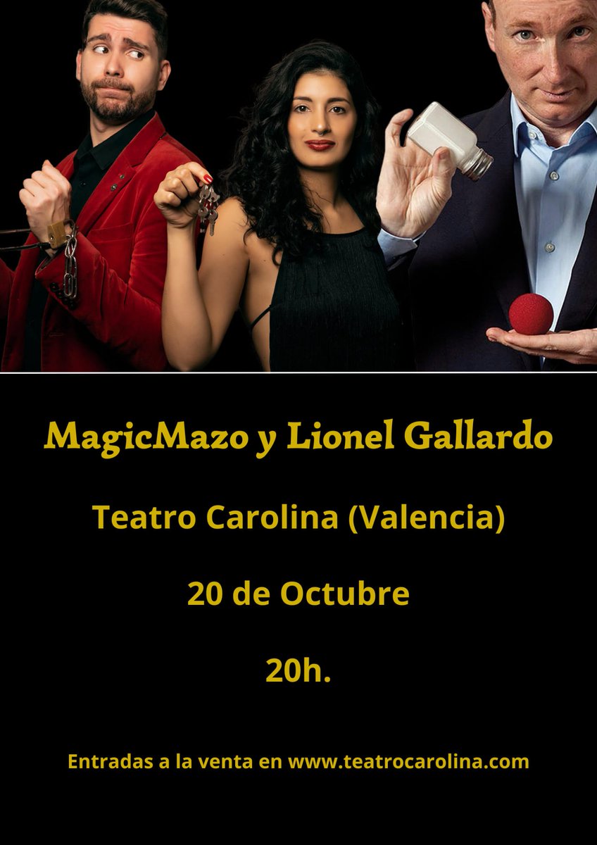 Llega a Valencia un espectáculo de magia único en el que se juntan:
Lionel Gallardo  y MagicMazo.
Dos magos que vienen a deleitarnos con su máxima esencia.
Día 20 de octubre a las 20:00h
entradium.com/events/magic-f…
