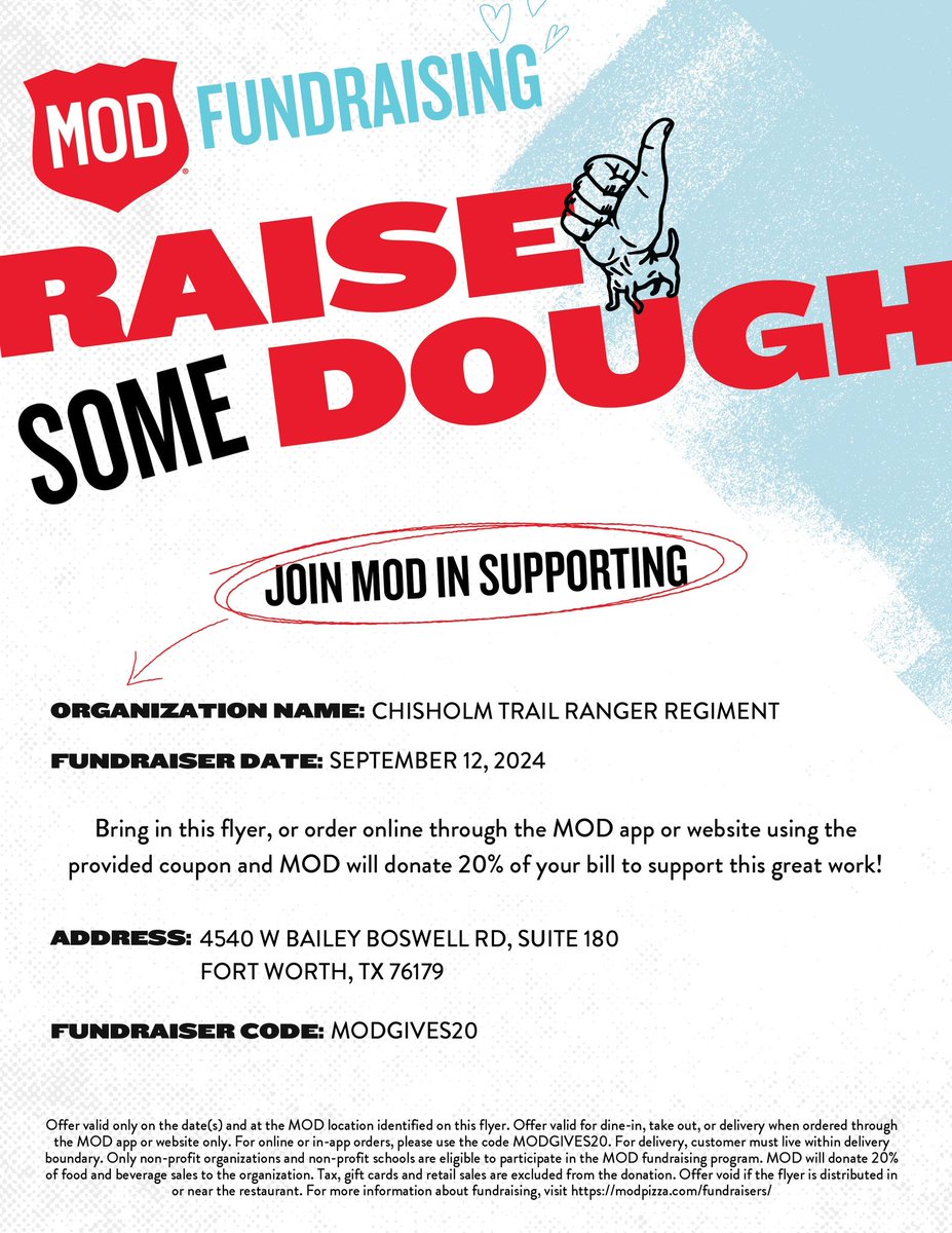 Today is MOD Pizza day! All day! Show this flyer at the MOD Pizza location on Bailey Boswell Rd., or use the code MODGIVES20 when ordering online.