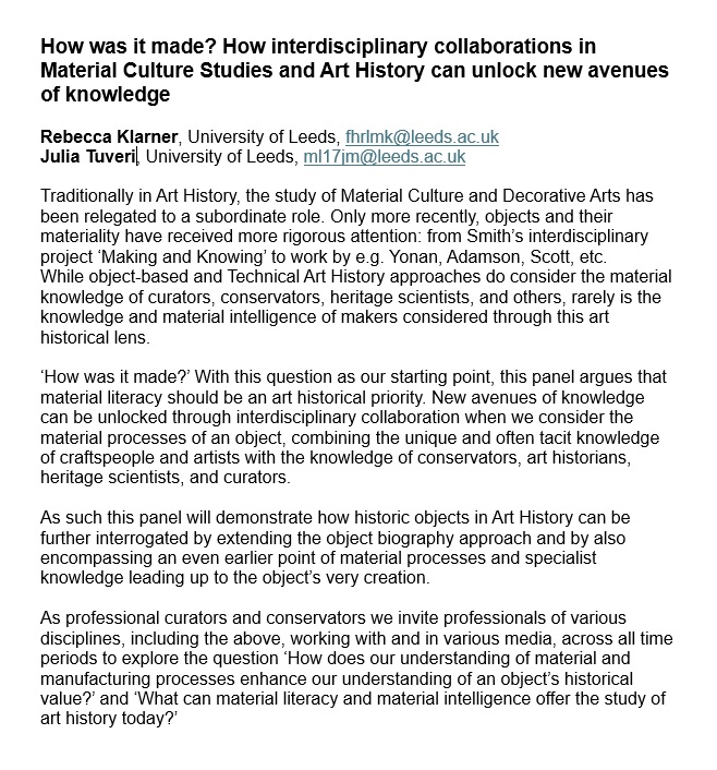 Rebecca Klarner (@rebeccaklarner) on Twitter photo Very excited to share the CfP for our <a href="/forarthistory/">Association for Art History</a> session
'How was it made? How interdisciplinary collaborations in Material Culture Studies and Art History can unlock new avenues of knowledge' Very excited to share the CfP for our <a href="/forarthistory/">Association for Art History</a> session
'How was it made? How interdisciplinary collaborations in Material Culture Studies and Art History can unlock new avenues of knowledge'