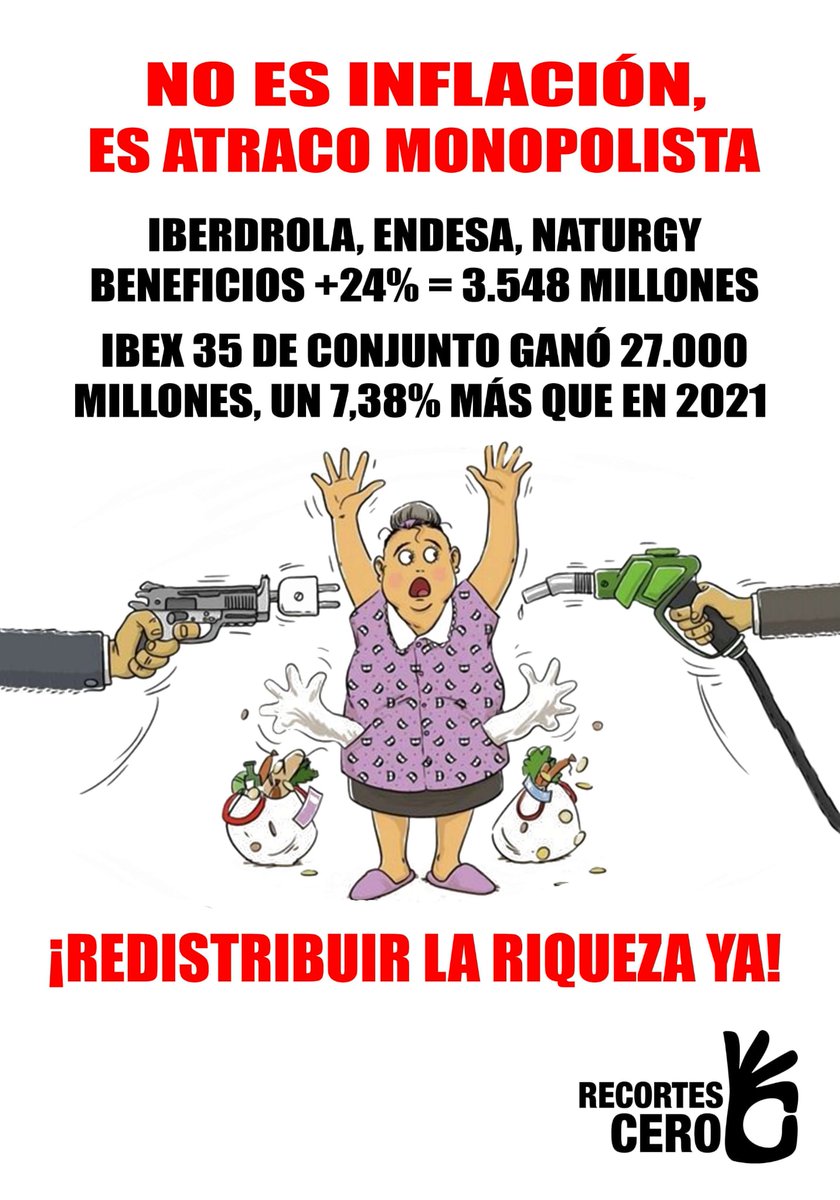 RecortesCero's tweet photo. ❌ El 26,5% de los españoles está en riesgo de pobreza o exclusión social

❌ El 59% hemos perdido poder adquisitivo

💸 Se benefician los bancos, eléctricas o gigantes de la alimentación, con precios abusivos

Hay que ACABAR CON EL #ATRACO. Hay que #RedistribuirLaRiqueza. https://t.co/4vgKGCcogy