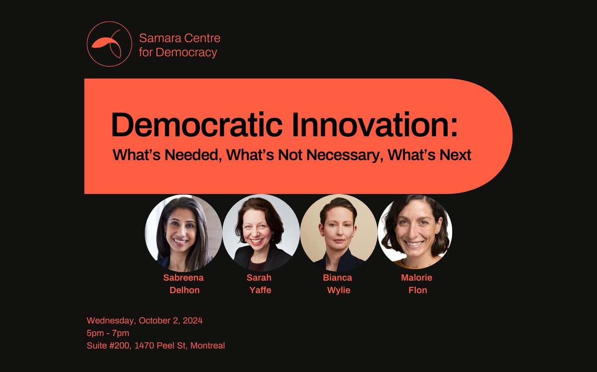 Samara Centre for Democracy (@thesamaracentre) on Twitter photo 📣 Hey Montreal!
🎟️ Tickets now available for Democratic Innovation: What’s Needed, What’s Not Necessary, What’s Next on Oct. 2nd, 5-7 pm ET.
<a href="/sfyaffe/">Sarah Yaffe</a>, <a href="/biancawylie/">.</a> and Malorie Flon (@INM-voix) join our CEO <a href="/SabreenaDelhon/">Sabreena Delhon</a> for this in-person event. buff.ly/4cVZwUb 📣 Hey Montreal!
🎟️ Tickets now available for Democratic Innovation: What’s Needed, What’s Not Necessary, What’s Next on Oct. 2nd, 5-7 pm ET.
<a href="/sfyaffe/">Sarah Yaffe</a>, <a href="/biancawylie/">.</a> and Malorie Flon (@INM-voix) join our CEO <a href="/SabreenaDelhon/">Sabreena Delhon</a> for this in-person event. buff.ly/4cVZwUb
