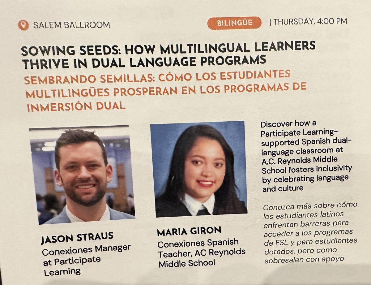 FreebirdsShire's tweet photo. Looking forward to hearing my friend, Jason Straus @ParticipateLrng and CNX teacher, Maria Girón, @BuncombeSchools share their experiences and insights on SEMBRANDO SEMILLAS- How Do ML Learners Thrive in DLI programs today at the @LatinxEducation Ed Summit! #UnitingOurWorld 🌎 https://t.co/14LiBppXjW