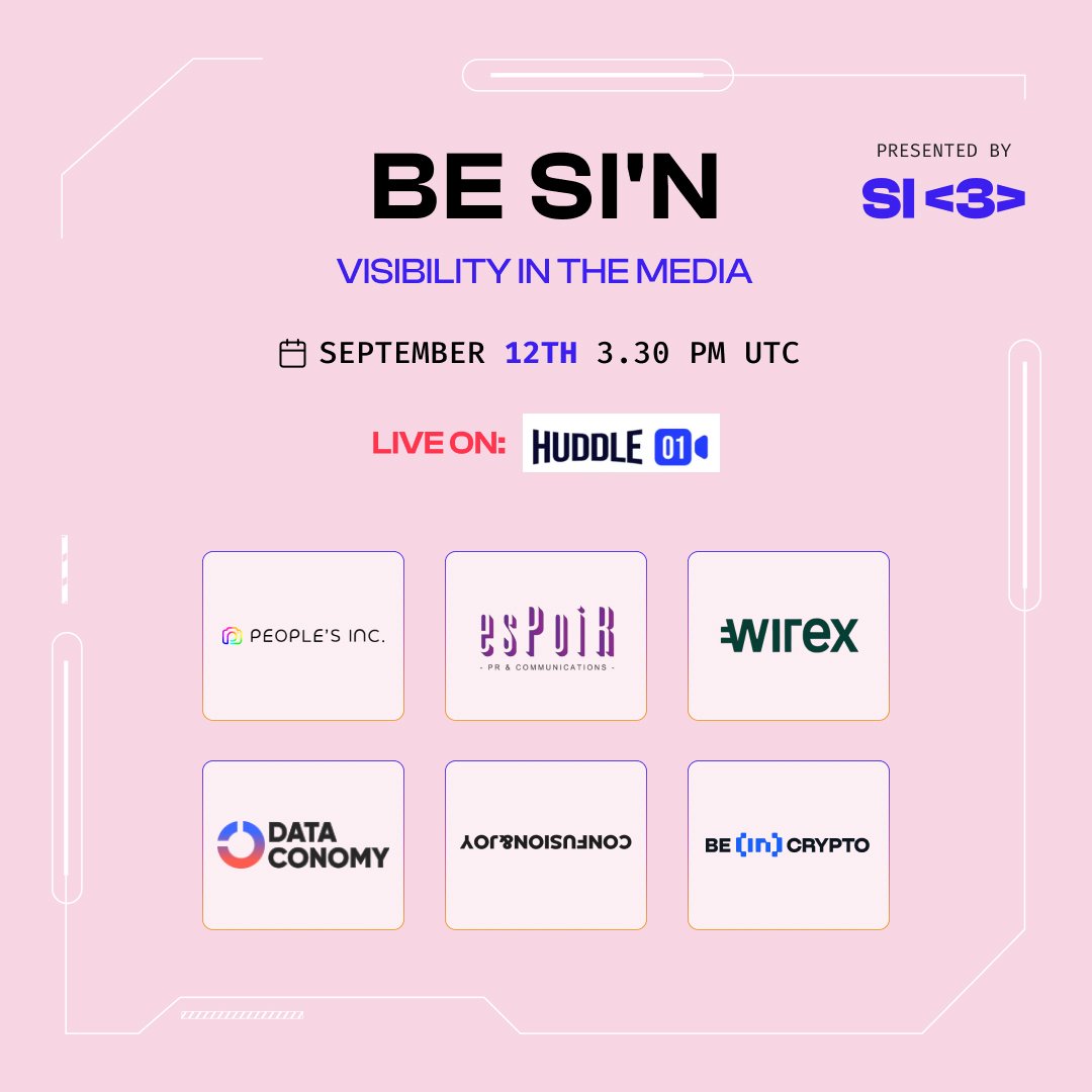 SI3 (@si3_ecosystem) on Twitter photo Today: Live on decentralized media platform <a href="/huddle01com/">Huddle01 (battle arc โ๏ธ)</a> we will learn from our expert panelists <a href="/sabrinasg/">Sabrina 'Princessa' Wang</a>, <a href="/candicekteo/">Candice</a>, Diana Velychko from <a href="/wirexapp/">Wirex</a>, and Alevtina Labyuk from <a href="/beincrypto/">BeInCrypto</a> on strategies for driving visibility in Web3 media.
Join us!
linkedin.com/events/besi-n-โฆ Today: Live on decentralized media platform <a href="/huddle01com/">Huddle01 (battle arc โ๏ธ)</a> we will learn from our expert panelists <a href="/sabrinasg/">Sabrina 'Princessa' Wang</a>, <a href="/candicekteo/">Candice</a>, Diana Velychko from <a href="/wirexapp/">Wirex</a>, and Alevtina Labyuk from <a href="/beincrypto/">BeInCrypto</a> on strategies for driving visibility in Web3 media.
Join us!
linkedin.com/events/besi-n-โฆ