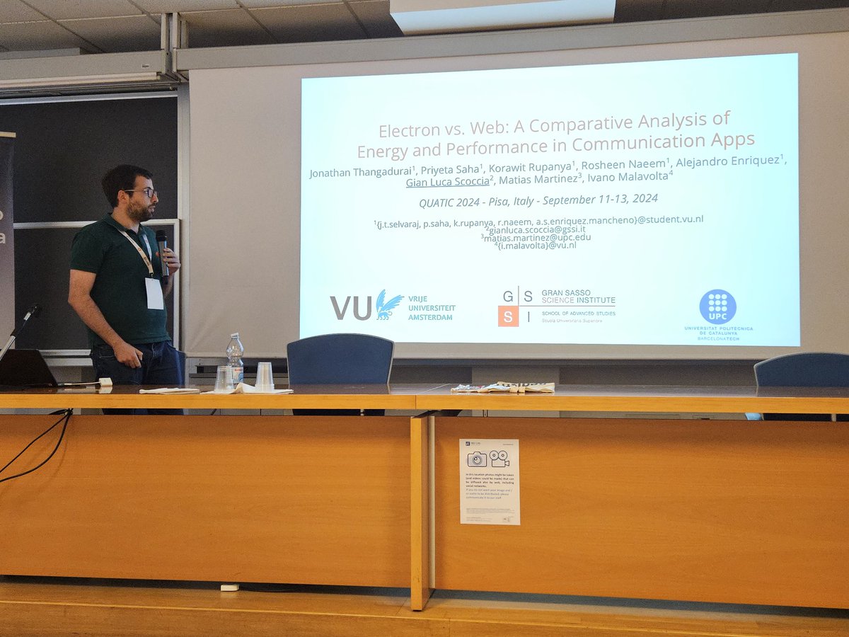 Next at #QUATIC2024 Gian Luca Scoccia presents the paper Electron vs. Web: A Comparative Analysis of Energy and Performance in Communication Apps