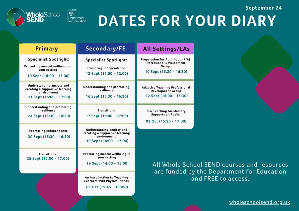 Some fantastic upcoming free training opportunities here from <a href="/WholeSchoolSEND/">Whole School SEND</a> 👌🏻