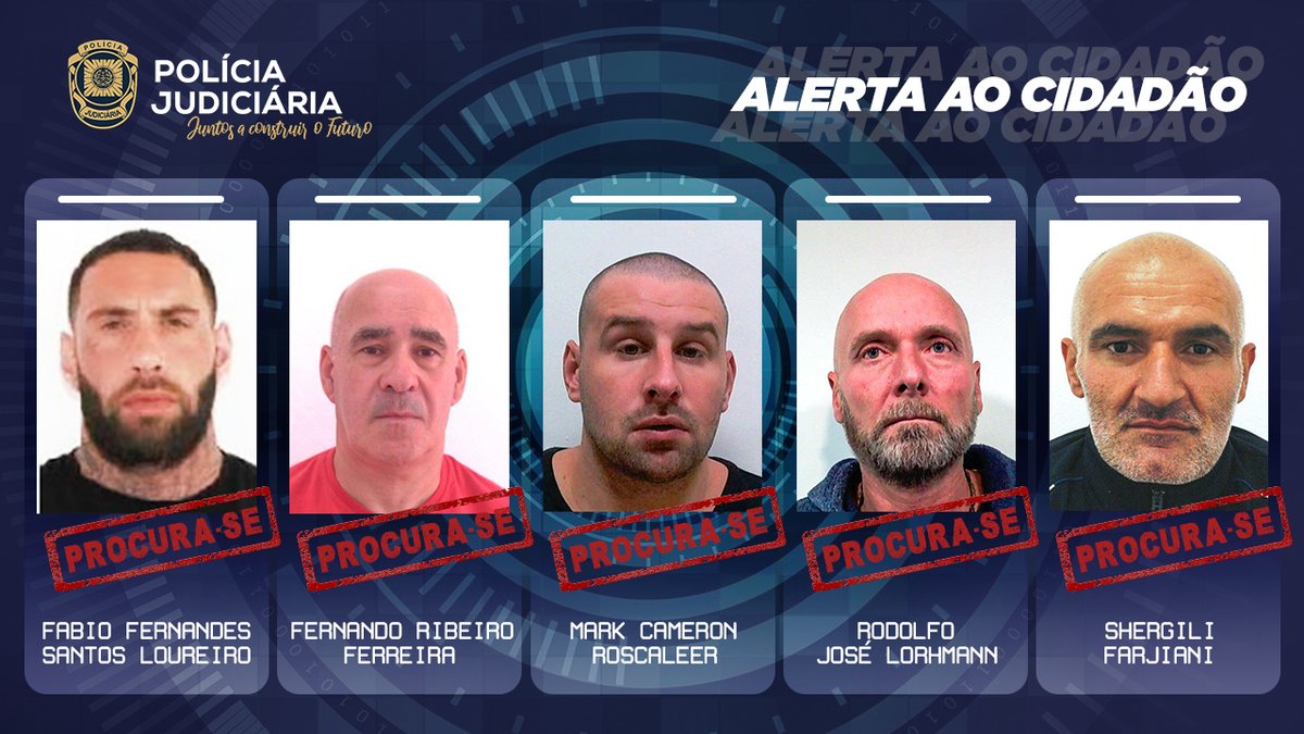 ⚠️Alerta. Os cinco reclusos evadidos de Vale de Judeus continuam a monte.
A investigação criminal, de natureza complexa, decorre no habitual segredo justiça.
Qualquer cidadão que aviste ou obtenha informações sobre o paradeiro destes homens, ligue logo 112.
#CriminalidadeViolenta