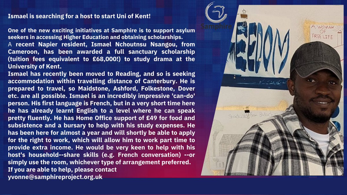 samphire_'s tweet photo. We are still trying to find hosts for Ismael, as his term starts on the 23rd of September. 

Ismael, former Napier resident, has been moved to Reading, and so is seeking accommodation within travelling distance of Canterbury, where he has been awarded a full sanctuary scholarship https://t.co/SlxgXZrloo