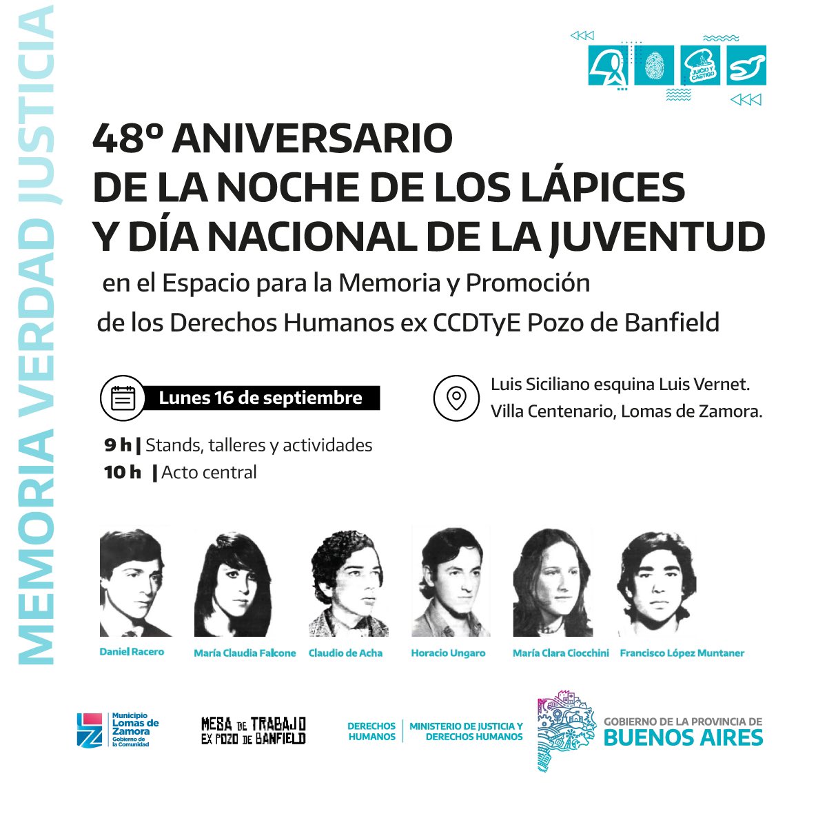 DerHumanosPBA's tweet photo. Como cada año, te esperamos en el Espacio para la Memoria Ex Pozo de Banfield para conmemorar un nuevo aniversario de la Noche de los Lápices y el Día Nacional de la Juventud ✏️🌼

🗓️ » Lunes 16 de septiembre, desde las 9 horas
📍 » Siciliano y Vernet, #LomasDeZamora https://t.co/a6hjlSaa0D