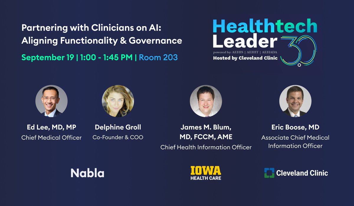 Nabla (@nabla_ai) on Twitter photo Next week, our team is heading to Cleveland for <a href="/CIOCHIME/">CHIME</a>'s Health Tech Leader 3.0!
We are thrilled to have James Blum, MD from <a href="/uihealthcare/">University of Iowa Health Care</a> and Eric Boose, MD from <a href="/ClevelandClinic/">Cleveland Clinic</a> as guest speakers. They’ll be joined by our Co-Founder & COO, <a href="/delphinegroll/">Delphine Groll</a> , with our Chief Next week, our team is heading to Cleveland for <a href="/CIOCHIME/">CHIME</a>'s Health Tech Leader 3.0!
We are thrilled to have James Blum, MD from <a href="/uihealthcare/">University of Iowa Health Care</a> and Eric Boose, MD from <a href="/ClevelandClinic/">Cleveland Clinic</a> as guest speakers. They’ll be joined by our Co-Founder & COO, <a href="/delphinegroll/">Delphine Groll</a> , with our Chief