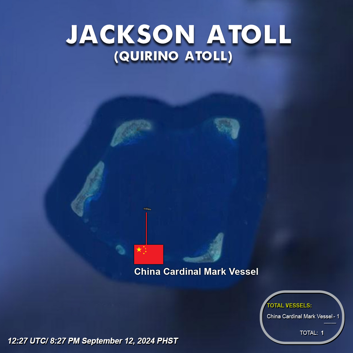 Pacific_Brief's tweet photo. Jackson Atoll (Quirino Atoll),  Total of 1 China Cardinal Mark Vessel.                                        
8:27 PM September 12, 2024 PHST                          

#JacksonAtoll #QuirinoAtoll #MaritimeAwareness #DailyAwareness https://t.co/kLwKYbx9nO