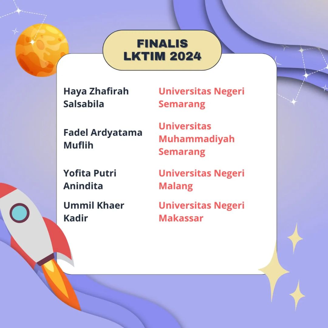 lktim_unnes's tweet photo. 🥳 [Pengumuman Finalis LKTIM UNNES 2024] 🥳

Halo, Writers Generation! 👋🏻

SELAMAT KEPADA TIM-TIM YANG BERHASIL LOLOS SEBAGAI FINALIS LKTIM UNNES 2024 🤩🙌🏻 https://t.co/038OMfW7Sj