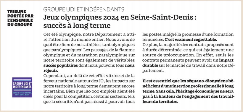UDI_CD93's tweet photo. [NOS ÉLUS PRENNENT LA PAROLE]
Après cet été olympique faisons le bilan 🏅 : 

Retrouvez la prise de parole du groupe dans le dernier magazine départemental,

@AudeLagarde @francletkarine @HamidChabani @SamuelM99776962 @UDInfos93 https://t.co/0GdRjfdxUe