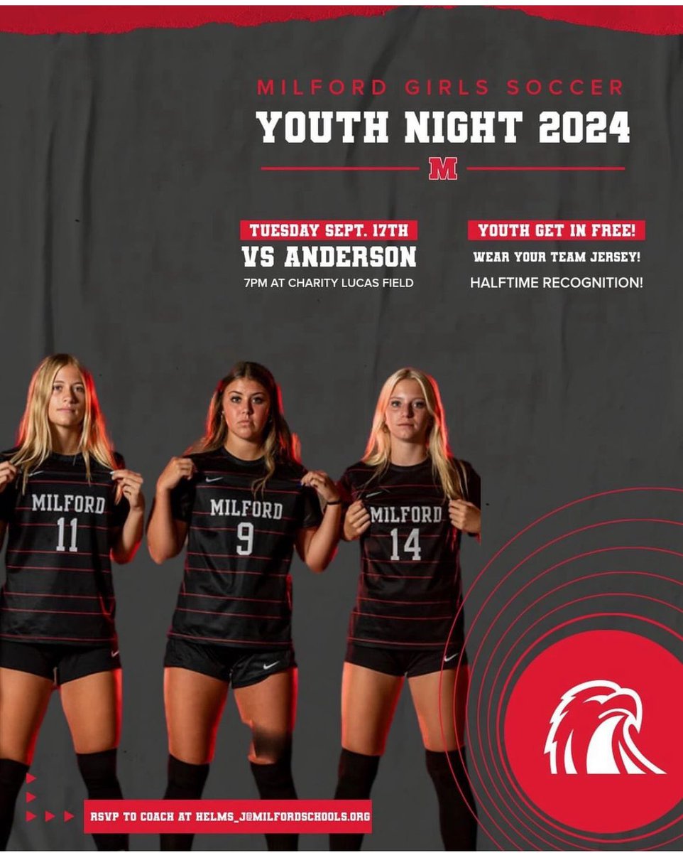 Milford Girls Soccer (@mhseaglessoccer) on Twitter photo Come join us for our Youth Night on 9/17 against the top team in the ECC! Youth wearing jerseys get in free!
If you would like your youth team announced at halftime, email helms_j@milfordschools.org
<a href="/Milford_Eagles/">Milford Athletics</a> <a href="/Milford_Schools/">Milford Schools</a> Come join us for our Youth Night on 9/17 against the top team in the ECC! Youth wearing jerseys get in free!
If you would like your youth team announced at halftime, email helms_j@milfordschools.org
<a href="/Milford_Eagles/">Milford Athletics</a> <a href="/Milford_Schools/">Milford Schools</a>