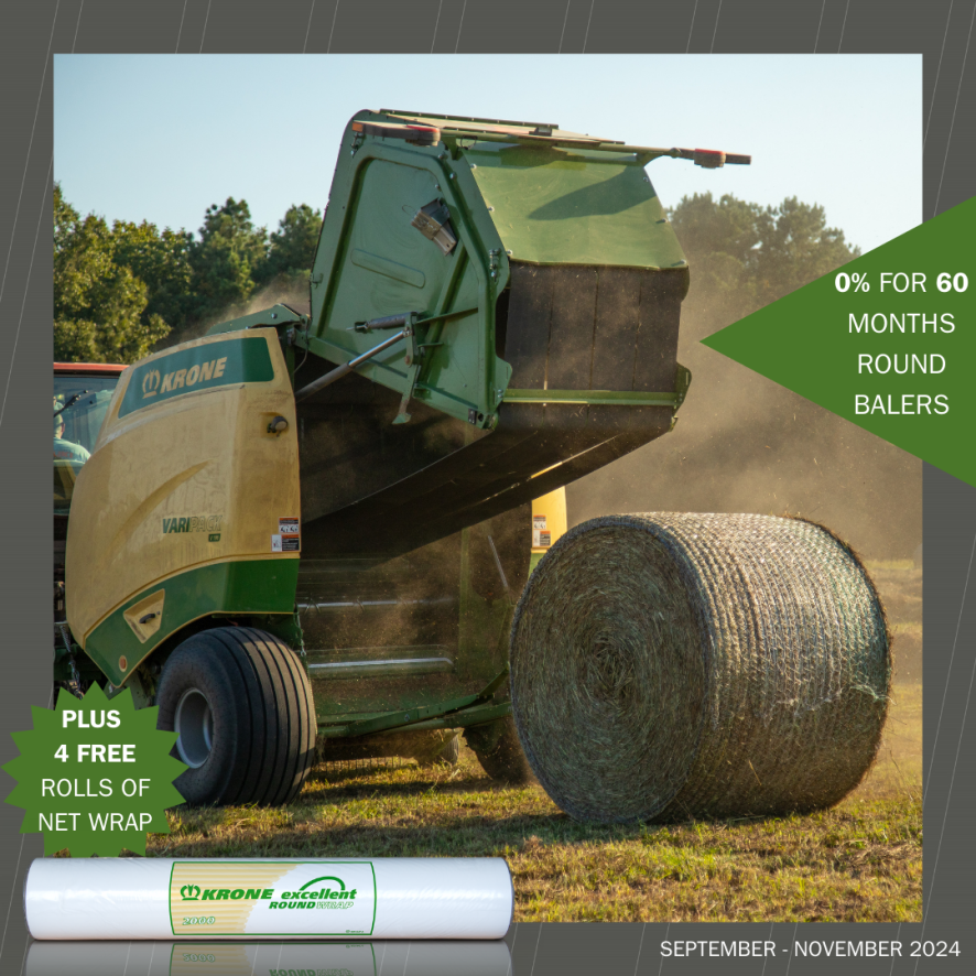 Get your hands on a KRONE Round Baler with an amazing finance offer of 0% for 60 months! If that’s not enough, you’ll also receive four FREE rolls of net wrap with the purchase of a KRONE VariPack, Comprima, or Fortima!