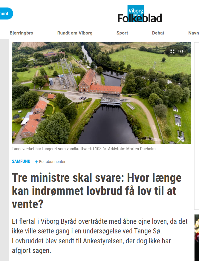 nymann76's tweet image. Min klage til Ankestyrelsen er endt som spørgsmål til 3 ministre :)
"Et flertal i Viborg Byråd overtrådte med åbne øjne loven, da det ikke ville sætte gang i en undersøgelse ved Tange Sø. Lovbruddet blev sendt til Ankestyrelsen, der dog ikke har afgjort sagen"
 (bag betalingsmur)