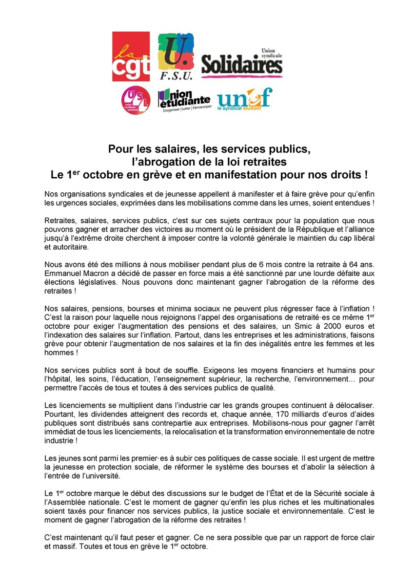 📣 Pour les salaires, les services publics, l’abrogation de la loi retraites. Le 1er octobre en grève et en manifestation pour nos droits !

🔗 Communiqué intersyndical
tinyurl.com/uwp5jupf