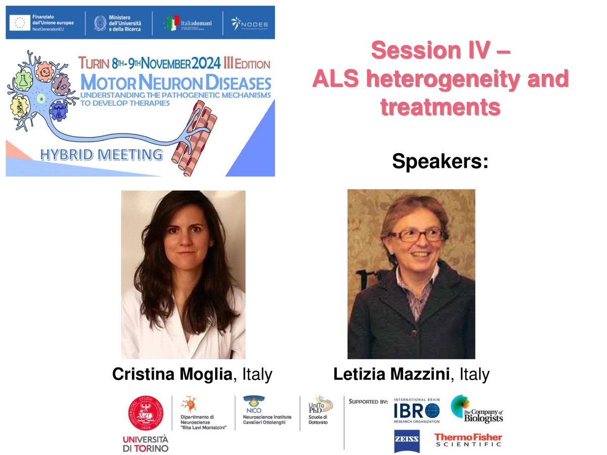 During Session IV at the Workshop on MOTOR NEURON DISEASES (Turin, 8-9 November), Cristina Moglia and Letizia Mazzini will be sharing their experience about "ALS heterogeneity and treatments". We can't wait to hear such great experts in the field! 
<a href="/MarinaBoido80/">Marina Boido</a> <a href="/newronico/">NewroNico Brain Development and Disease group</a>
