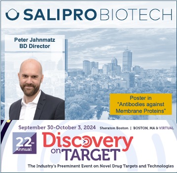 SaliproBiotech's tweet image. Salipro Biotech is heading to #DoT2024 in Boston (Sept 30 - Oct 3).
Attending? Talk to Peter Jahnmatz at his poster session on #Salipro® tech for antibody discovery against difficult #membraneproteins. You can also connect via the partnering platform to discuss collaborations.