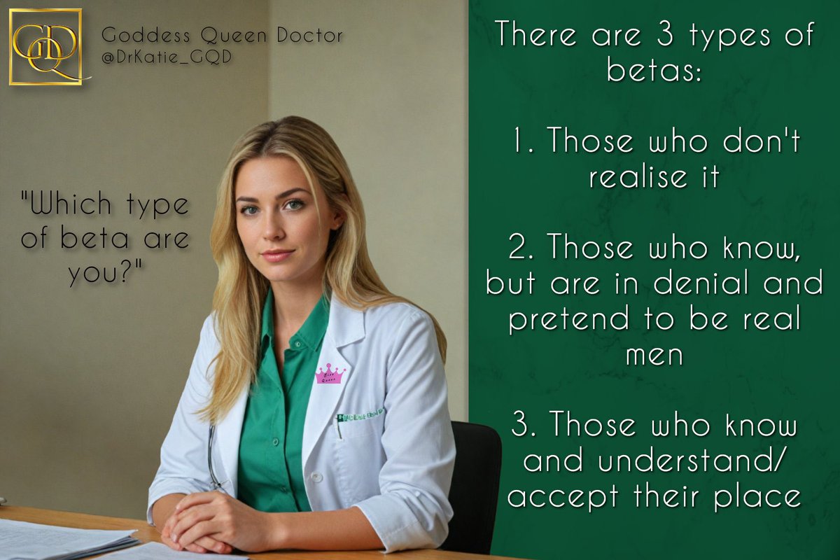 DrKatie_GQD's tweet photo. Which type of Beta are you?
I have very little time or patience for the first two types. Betas must admit and accept their place, and behave accordingly.
REPOST if you’re a Type 3 Beta! https://t.co/QtKOquIZWg