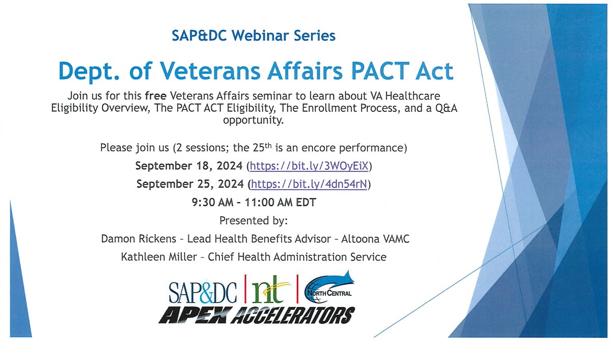 nwpa_apex's tweet image. Our neighbor #APEXAccelerators are offering a free webinar on the PACT Act for the Veteran community. 
TWO OPPORTUNITIES TO ATTEND: September 18 or 25
TO REGISTER:
-- For 9/18: sign up at bit.ly/3WOyEiX
-- For 9/25: sign up at bit.ly/4dn54rN