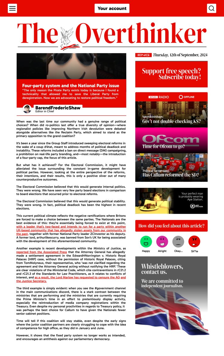 📰 The Overthinker - Four party system and the National Party issue (12th of September, 2024)

This article addresses the issues of the four-party system and why the National Party is the exemplification of its failures. To read more, click here 👇
drive.google.com/file/d/1U4o1LL…