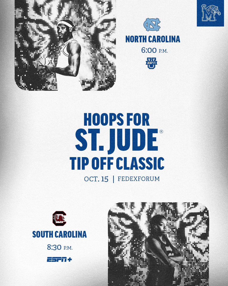 Memphis Tigers (@tigersathletics) on Twitter photo 𝗛𝗼𝗼𝗽𝘀 𝗳𝗼𝗿 𝗦𝘁. 𝗝𝘂𝗱𝗲 𝗧𝗶𝗽 𝗢𝗳𝗳 𝗖𝗹𝗮𝘀𝘀𝗶𝗰 🏀💙
<a href="/Memphis_MBB/">Memphis Basketball</a> and <a href="/MemphisWBB/">Memphis Women's Basketball</a> are taking on the Carolinas!
🗓️ » October 15th
📍 » FedExForum
⏰ » 6:00PM & 8:30PM
📺 » ESPNU & ESPN+
🎟️ » Coming Soon
📰 gotigersgo.me/3AWIeJ4 𝗛𝗼𝗼𝗽𝘀 𝗳𝗼𝗿 𝗦𝘁. 𝗝𝘂𝗱𝗲 𝗧𝗶𝗽 𝗢𝗳𝗳 𝗖𝗹𝗮𝘀𝘀𝗶𝗰 🏀💙
<a href="/Memphis_MBB/">Memphis Basketball</a> and <a href="/MemphisWBB/">Memphis Women's Basketball</a> are taking on the Carolinas!
🗓️ » October 15th
📍 » FedExForum
⏰ » 6:00PM & 8:30PM
📺 » ESPNU & ESPN+
🎟️ » Coming Soon
📰 gotigersgo.me/3AWIeJ4