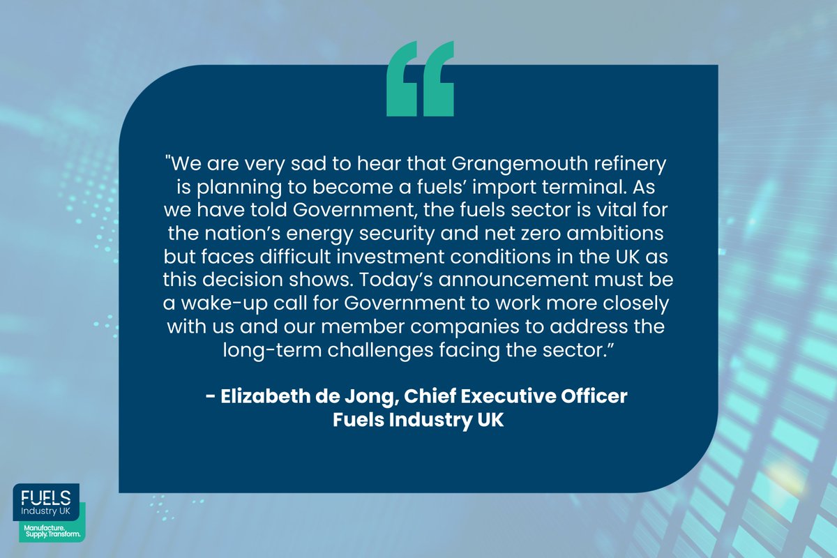 Following the announcement this morning that refining operations will cease at Grangemouth in 2025 subject to consultation with employees, Elizabeth de Jong, our Chief Executive Officer, has issued the following statement. #Grangemouth #Refining #Fuels