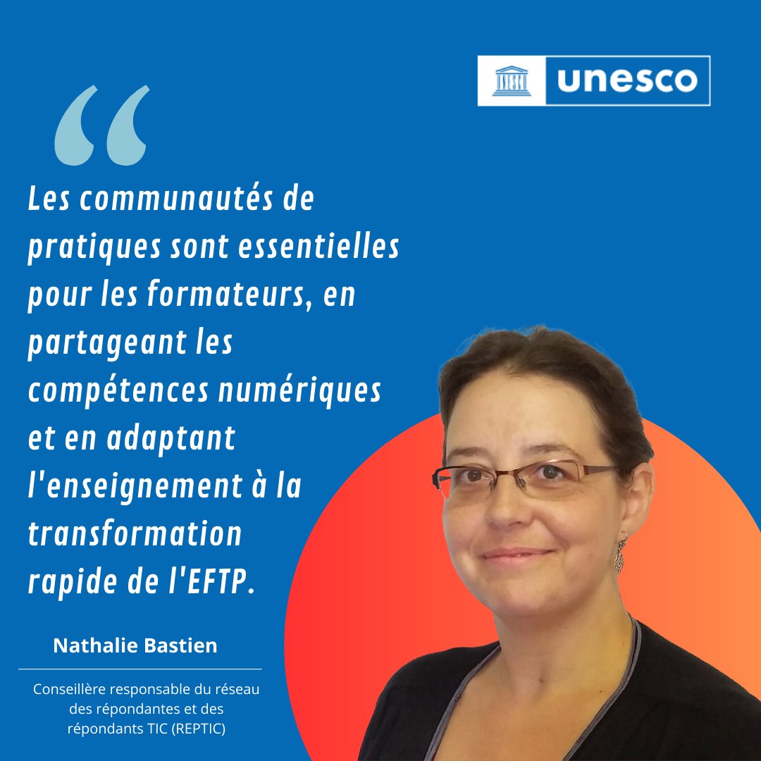 UNESCO_Dakar's tweet photo. @dimsanga @_AfricanUnion @NEPAD_Agency @IDEPOfficial @ifef_oif @giz_gmbh @ECA_OFFICIAL @ECA_SROWA @KarimaBBS @mona_laroussi "Les communautés de pratiques jouent un rôle essentiel pour les formateurs en facilitant le partage des compétences en pédagogie numérique & en soutenant l’adaptation de l’enseignement face à l’accélération de la transformation de l’ #EFTP." - Nathalie Bastien #REPTIC
#innovation https://t.co/b1nJTZe5V5