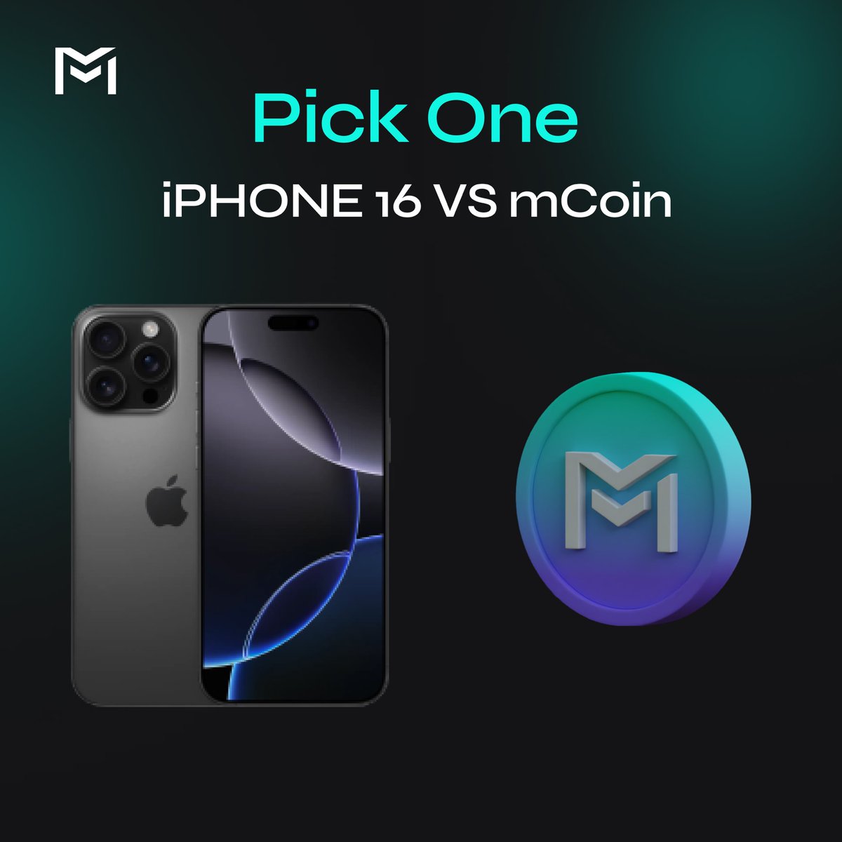 m20blockchain's tweet photo. If you have $1199 what will you invest in? IPhone 16 pro max or mCoin, what will be your better investment? https://t.co/yk7FrioKHW