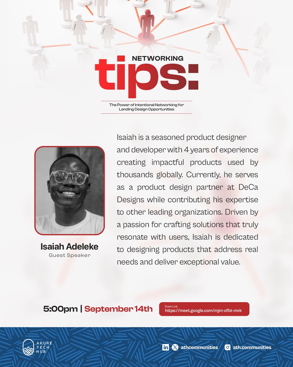 athcommunities's tweet image. Boost your networking skills with Isaiah Adeleke (@caculuz ), a product designer who creates user-focused solutions!

Join us on Google Meet on September 14th at 5 PM for tips and insights.
Don&apos;t miss out!🔥

#NetworkingWorkshop #Design #GoogleMeet