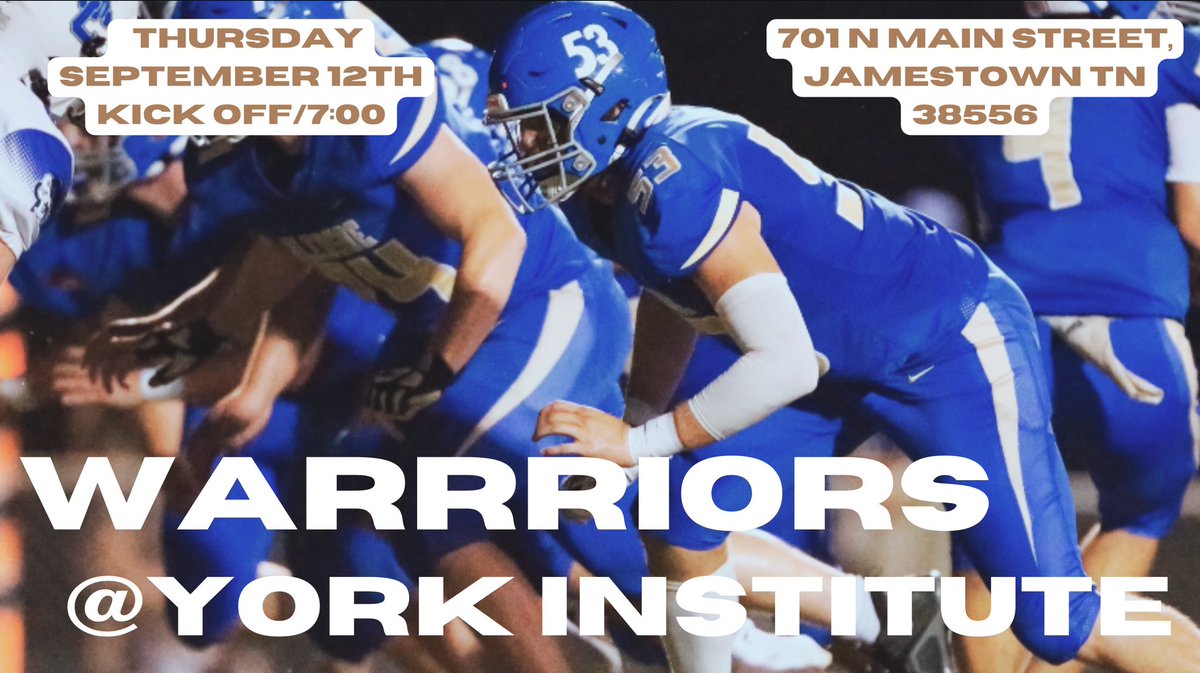🚨 GAME DAY 🚨 

🆚 York Institute

📆 Thursday, September 12th

⌚️7:00 pm

📍701 N Main St, Jamestown, TN

🎟 Tickets available for purchase at the gate.