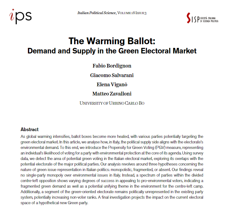 How does the political supply align with green electoral demand?
<a href="/fabord/">Fabio Bordignon</a>, @giacomosalv, E.Viganò &amp; <a href="/ZavalloniMatteo/">Matteo Zavalloni</a> reveal fragmented green representation across center-left parties, leaving several potential green voters abstaining. <a href="/uniurbit/">Università di Urbino</a> <a href="/sisp__/">Società Italiana di Scienza Politica</a>

At: shorturl.at/JJgLc