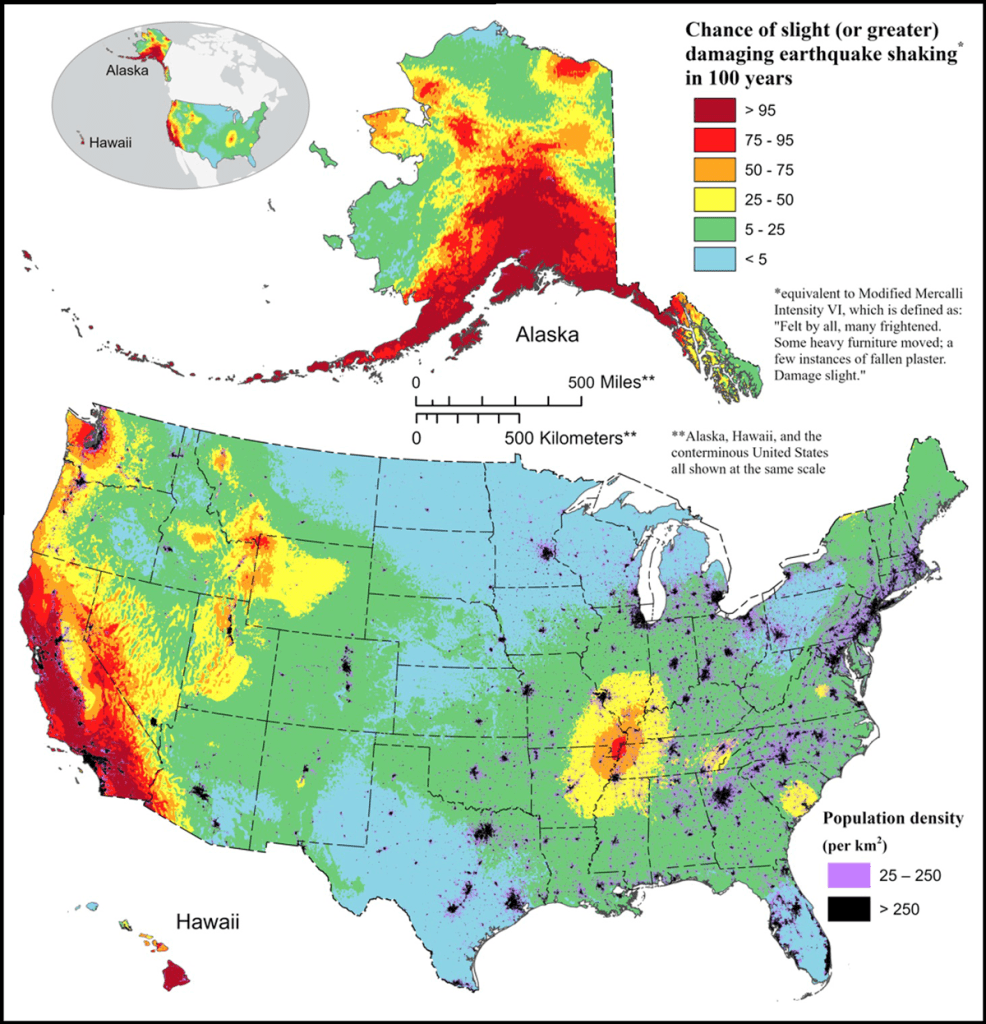 Datamensional's tweet photo. Almost 15% of the U.S. population is “somewhat likely” to experience a damaging earthquake, according to the U.S. National Seismic Hazard Model. Do you live in these earthquake-prone areas? #earthquake #Malibu #datavisualization #bigdata https://t.co/HagthcBJ8X https://t.co/zln7AjmEue