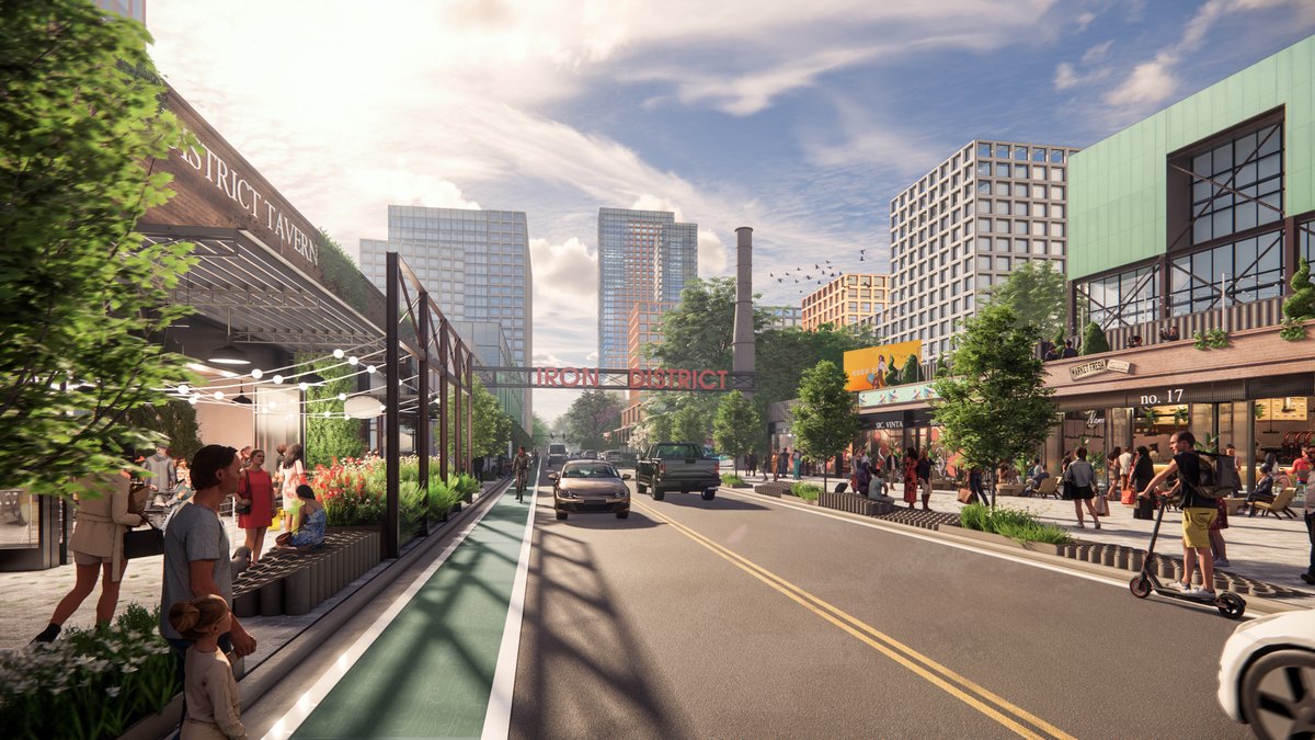 CltLedger's tweet image. @charlottepipe and Foundry Co. announces plans for the 1st phase of the Iron District, a mixed-use development on their 56-acre site off Morehead St. The project includes 500 residential units, a 150-room hotel, and 100,000 s.f. of retail and office space.