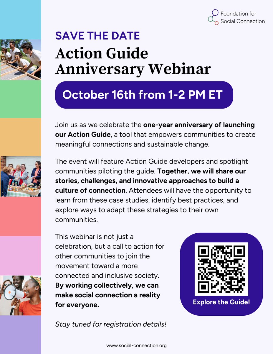 Foundation for Social Connection (F4SC) (@fdn4sociconnect) on Twitter photo Join us on 10/16 as we celebrate the one-year anniversary of launching our Action Guide, a tool that empowers communities to create meaningful connections and sustainable change. Stay tuned for registration details! 
Explore the guide: action4connection.org Join us on 10/16 as we celebrate the one-year anniversary of launching our Action Guide, a tool that empowers communities to create meaningful connections and sustainable change. Stay tuned for registration details! 
Explore the guide: action4connection.org